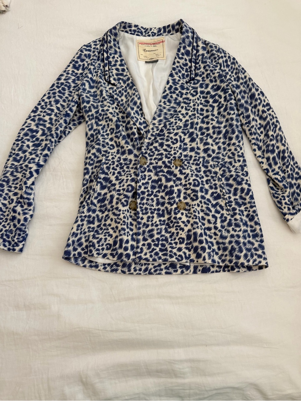 Cartonnier Blue and White Leopard-Print Double-Breasted Blazer